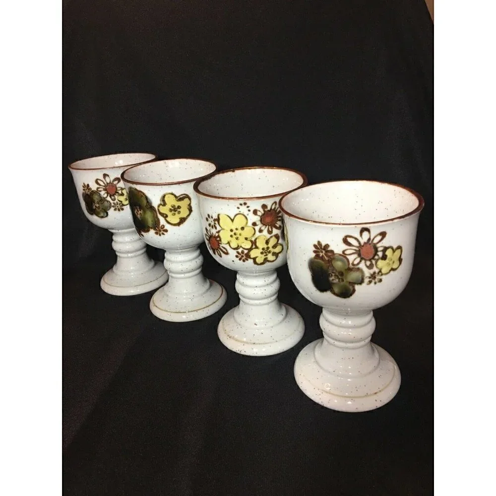 Vintage Otagiri Stoneware Goblets Wine Chalice Pansy Floral Ceramic Speckled